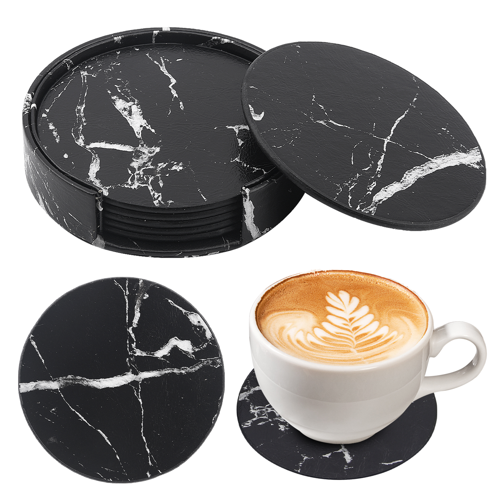 Marble Style Home With Storage Holder Drink Coaster Set PU Leather Cup