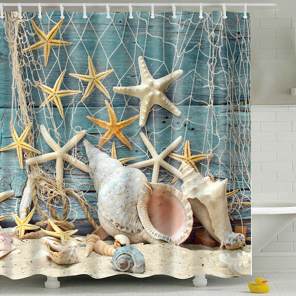 1X Sea Shell Shower Curtain Waterproof Bathroom Beach Curtain Decor With 12Hooks 1X Sea Shell Shower Curtain Waterproof Bathroom Beach Curtain Decor With 12Hooks