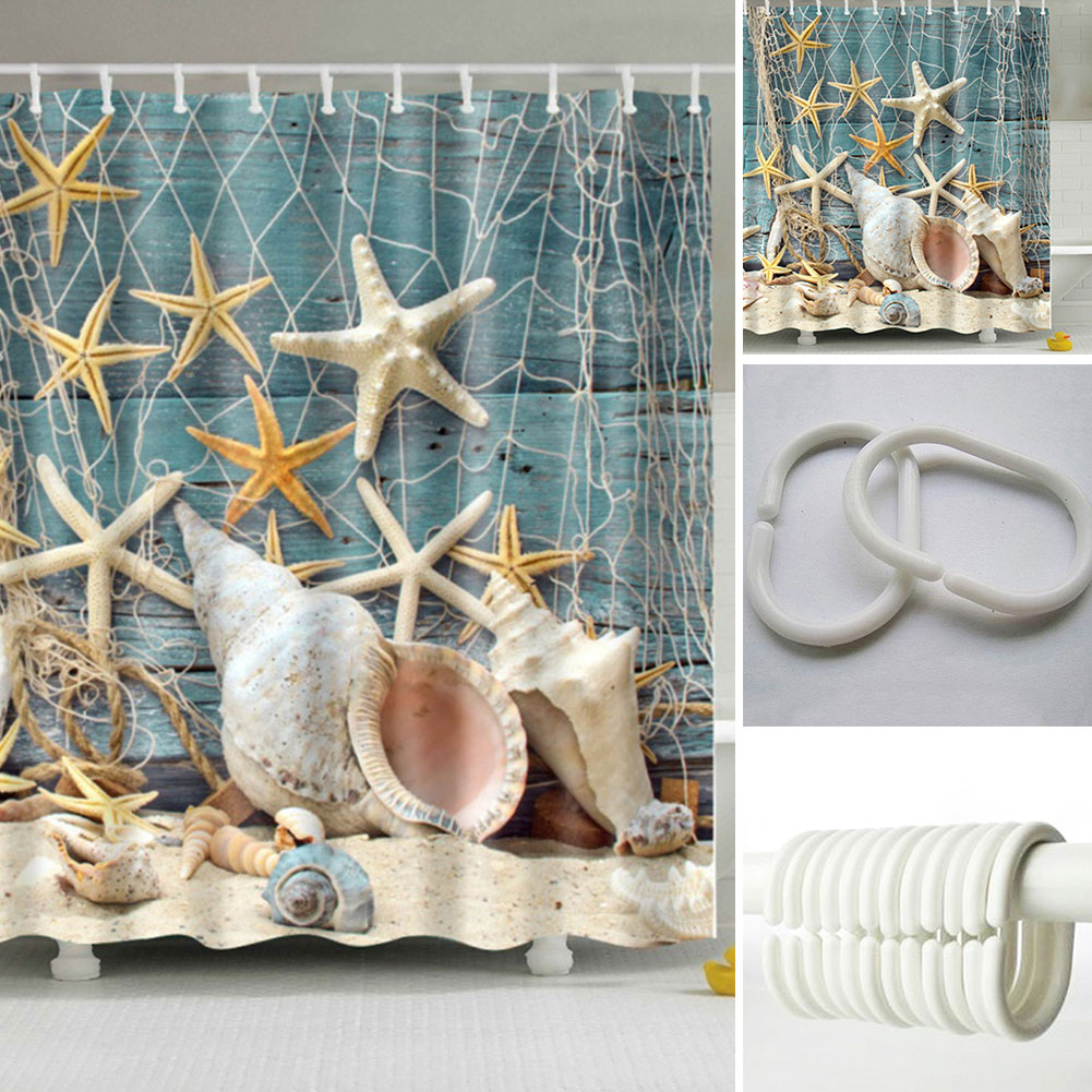 1X Sea Shell Shower Curtain Waterproof Bathroom Beach Curtain Decor With 12Hooks 1X Sea Shell Shower Curtain Waterproof Bathroom Beach Curtain Decor With 12Hooks