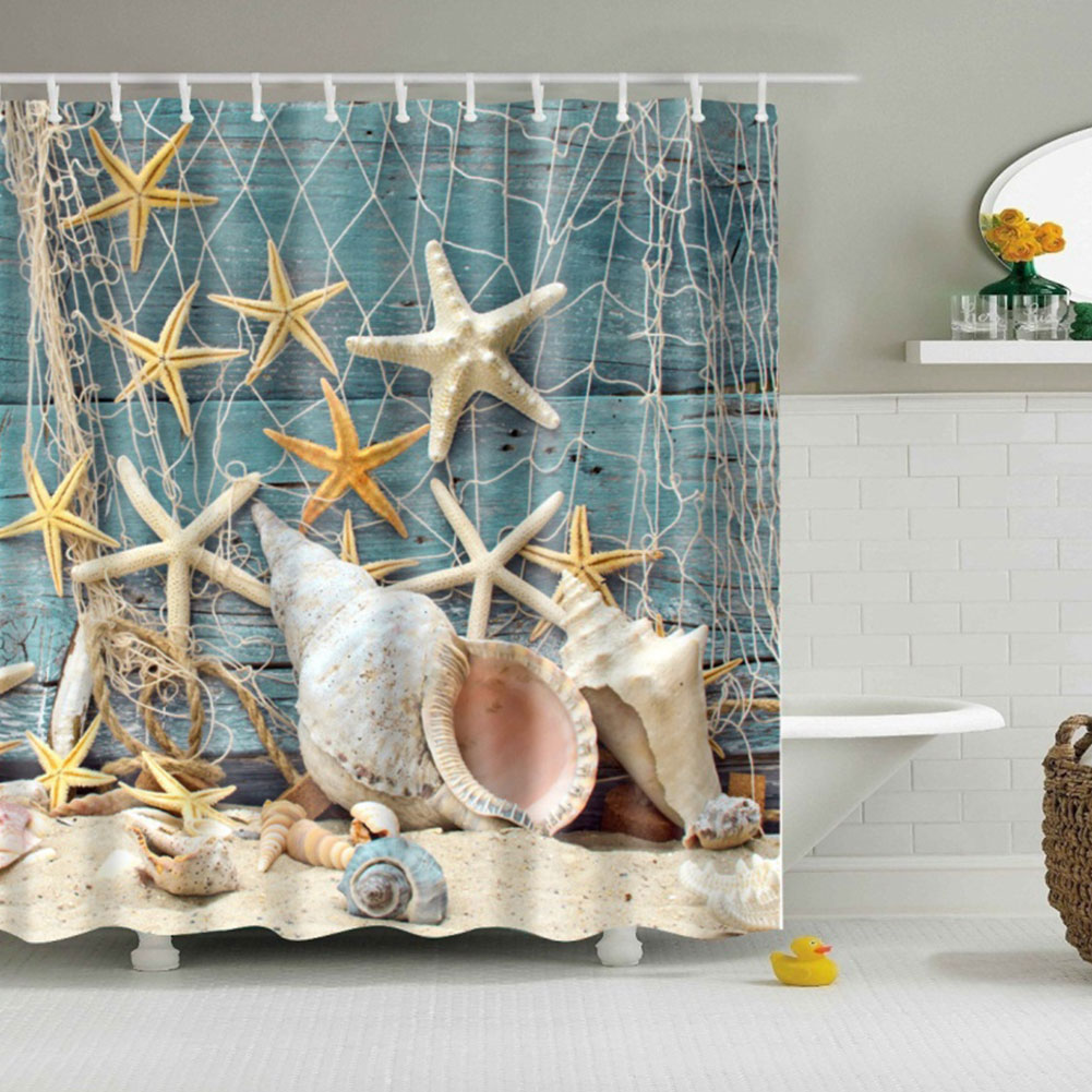 1X Sea Shell Shower Curtain Waterproof Bathroom Beach Curtain Decor With 12Hooks 1X Sea Shell Shower Curtain Waterproof Bathroom Beach Curtain Decor With 12Hooks