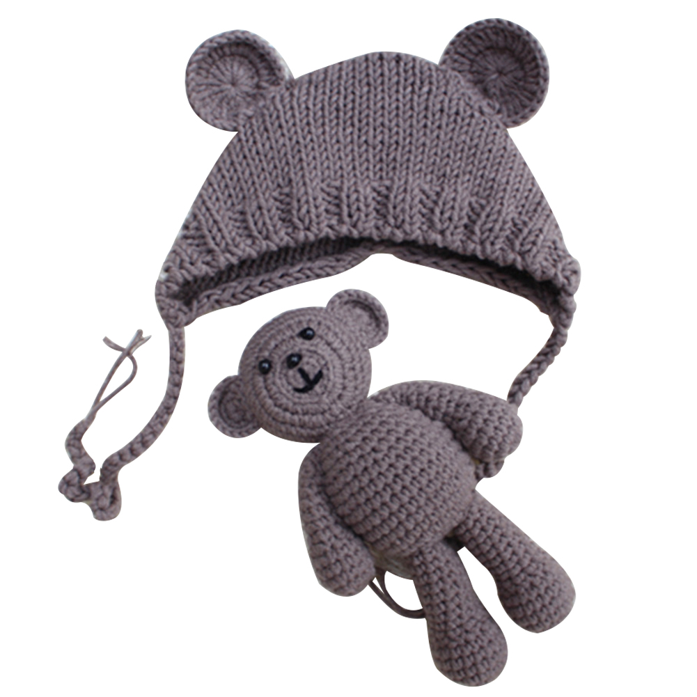 Solid Soft Accessory Newborn Baby Dolls cute Hat And Bear Photography Props Set