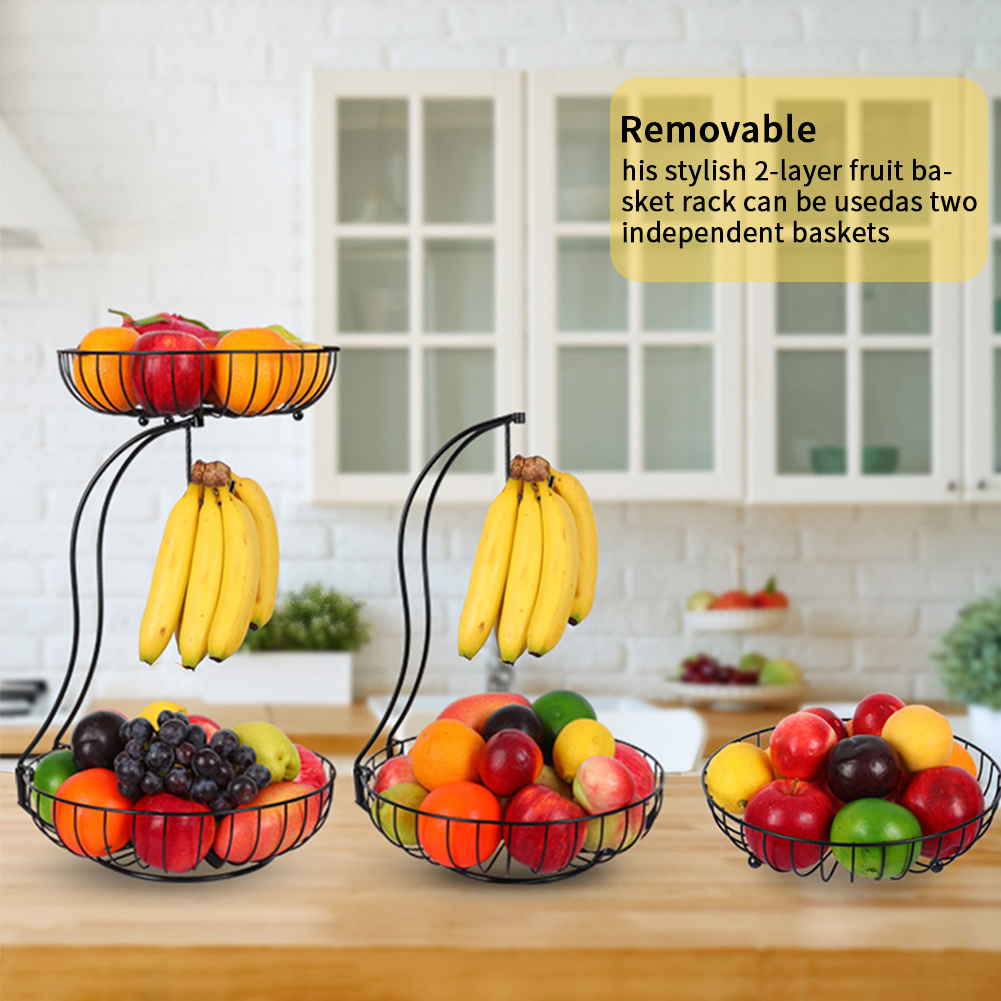 2-Tier Fruit Basket with Banana Hook, Kitchen Fruit Stand for