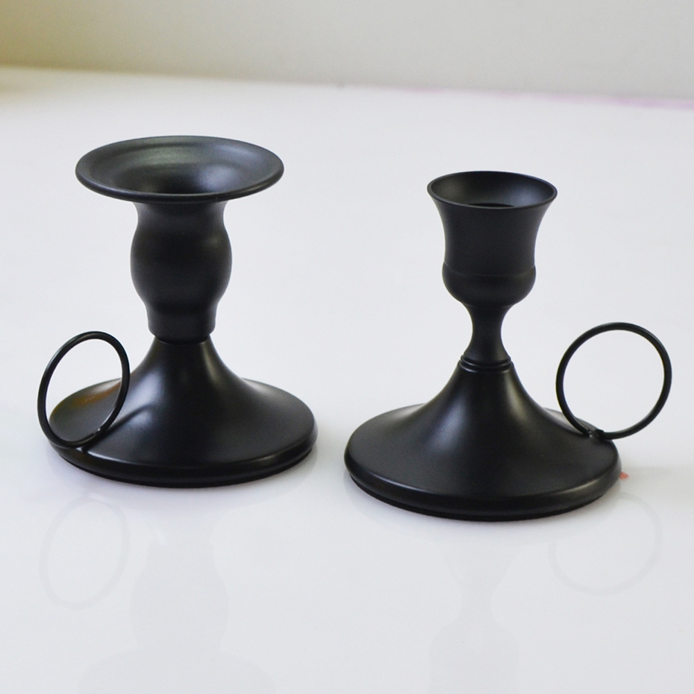 2pcs Birthday Black Stand Candle Holder With Handle For Pillar Retro Iron Dining